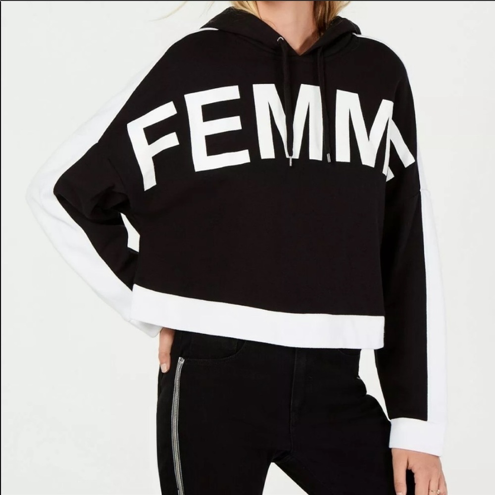 🔥BAR III🔥FEMME Graphic Print Cropped Hooded Sweatshirt Black/White XS NWT